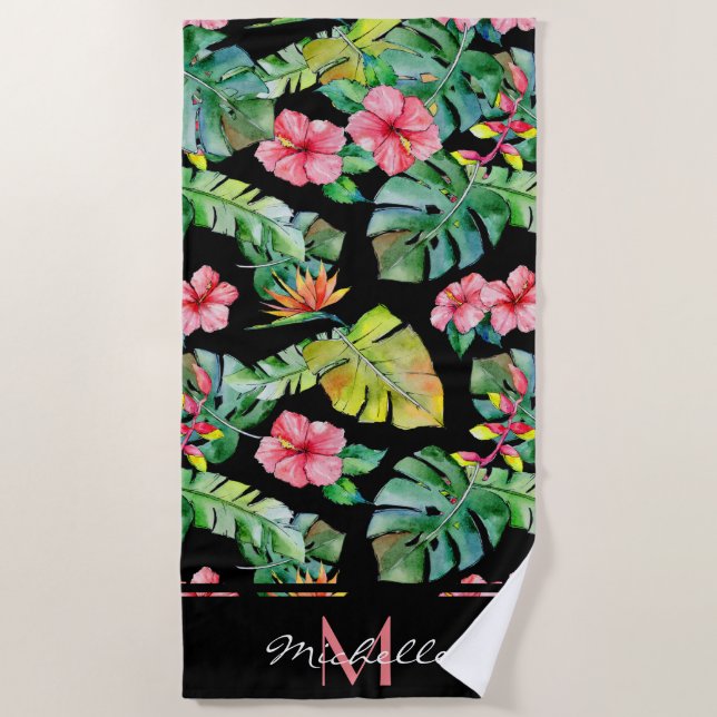 Monogramm Pink Tropenblume Hibiskus Schwarz Strandtuch (Vorderseite)