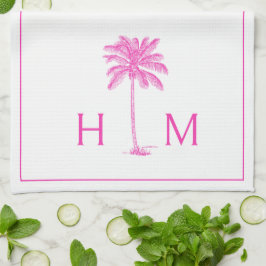 Monogramm PInk und White Palm Palmetto Tree Geschirrtuch