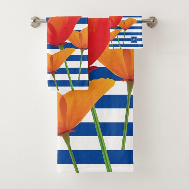 Monogramm Poppy Chic Blue Streifen Badhandtuch Set (Insitu)