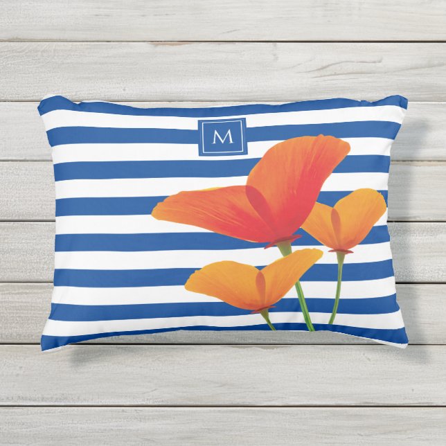 Monogramm Poppy Chic Blue Streifen Dekokissen (Vorderseite)