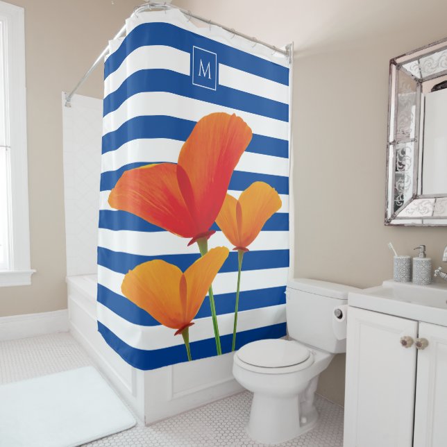 Monogramm Poppy Chic Blue Streifen Duschvorhang (Beispiel)