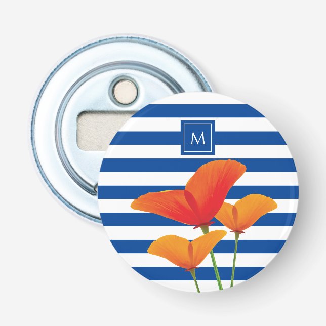 Monogramm Poppy Chic Blue Streifen Flaschenöffner (Vorderseite)