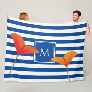 Monogramm Poppy Chic Blue Streifen Fleecedecke