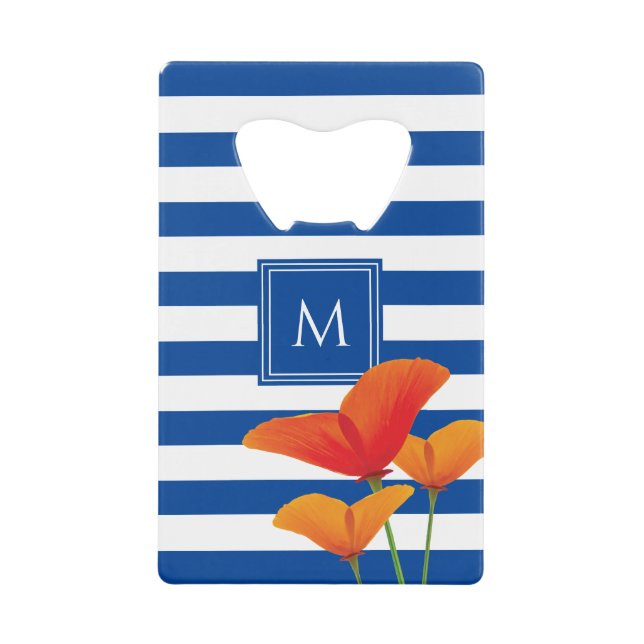 Monogramm Poppy Chic Blue Streifen Geldbeutel Flaschenöffner (Vorderseite)