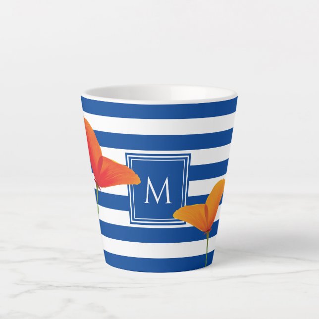 Monogramm Poppy Chic Blue Streifen Milchtasse (Vorderseite)