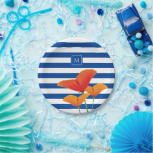 Monogramm Poppy Chic Blue Streifen Pappteller