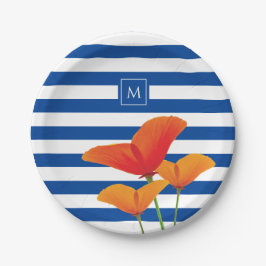 Monogramm Poppy Chic Blue Streifen Pappteller