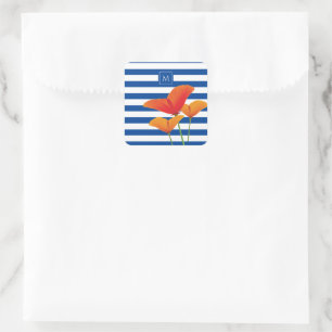 Monogramm Poppy Chic Blue Streifen Quadratischer Aufkleber
