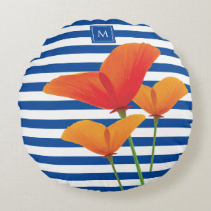 Monogramm Poppy Chic Blue Streifen Rundes Kissen