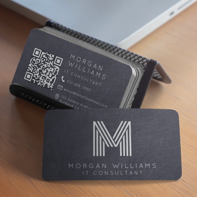 Monogramm QR-Code Blaue Leder  Visitenkarte (Von Creator hochgeladen)