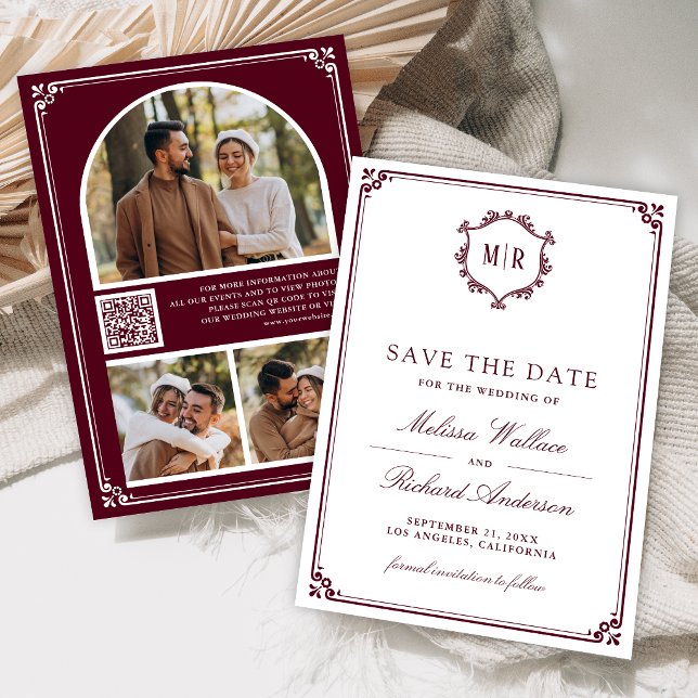 Monogramm QR-Code Foto-Collage Burgunder Hochzeit Save The Date (Von Creator hochgeladen)