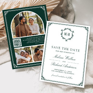 Monogramm QR-Code Foto Collage Smaragdgrüne Hochze Save The Date