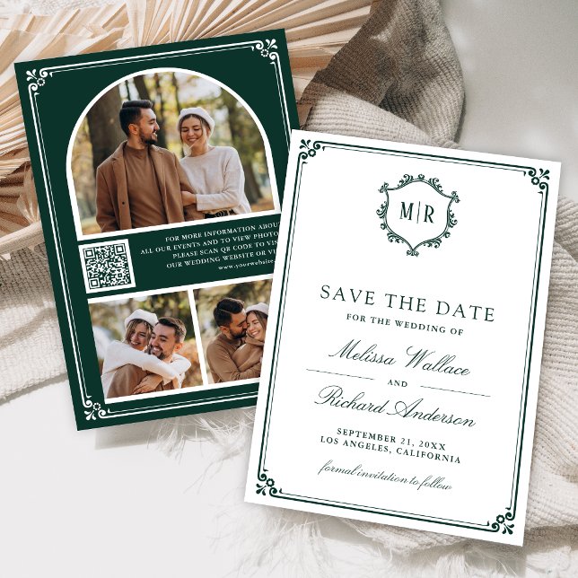 Monogramm QR-Code Foto Collage Smaragdgrüne Hochze Save The Date (Von Creator hochgeladen)