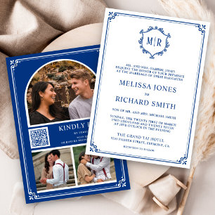 Monogramm-QR-Code-Fotocollage Königlichblaue Hochz Einladung