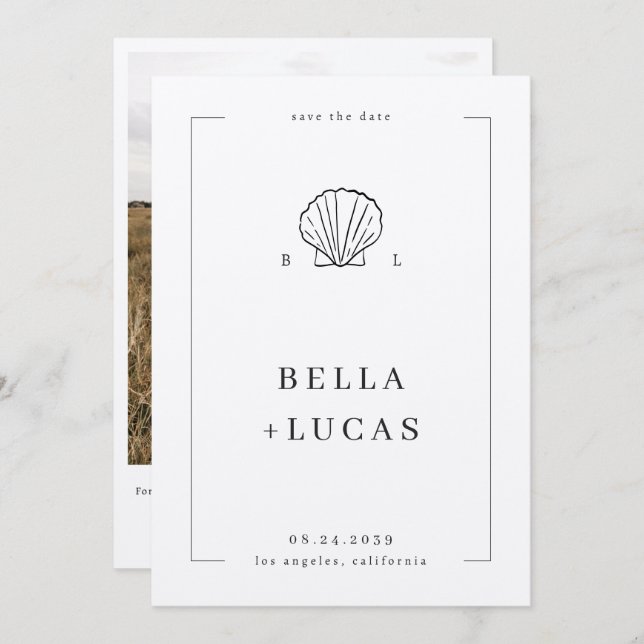 Monogramm QR-Code für Nautical Coastal Muschel Save The Date (Vorne/Hinten)