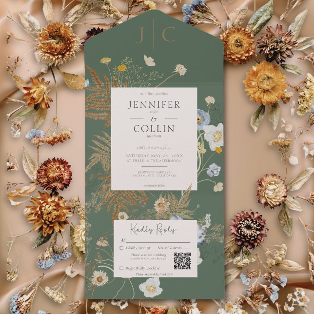 Monogramm-QR-Code für rustikale Wildblumen All In One Einladung (Rustic Wildflowers Monogram Sage Green QR Code All In One Invitation)