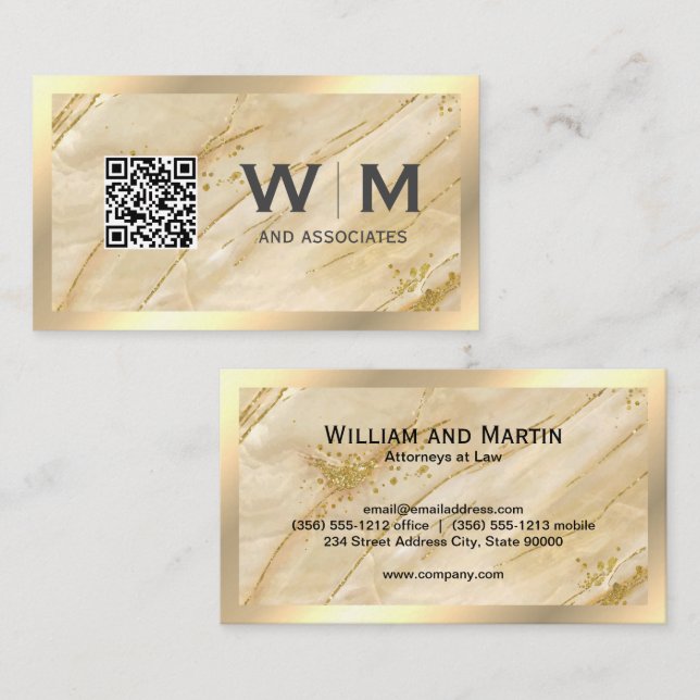 Monogramm | QR CODE | Gold Marble Visitenkarte (Vorne/Hinten)