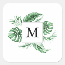 Monogramm-Quadrat-Aufkleber für tropische Grünfläc Quadratischer Aufkleber