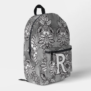 Monogramm "R" florales Tattoo-Muster Schwarz Weiß Bedruckter Rucksack