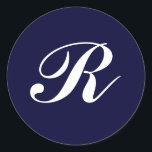 Monogramm R, weiße Schrift auf marineblau Runder Aufkleber<br><div class="desc">Monogramm R,  weiße Schrift auf marineblau</div>