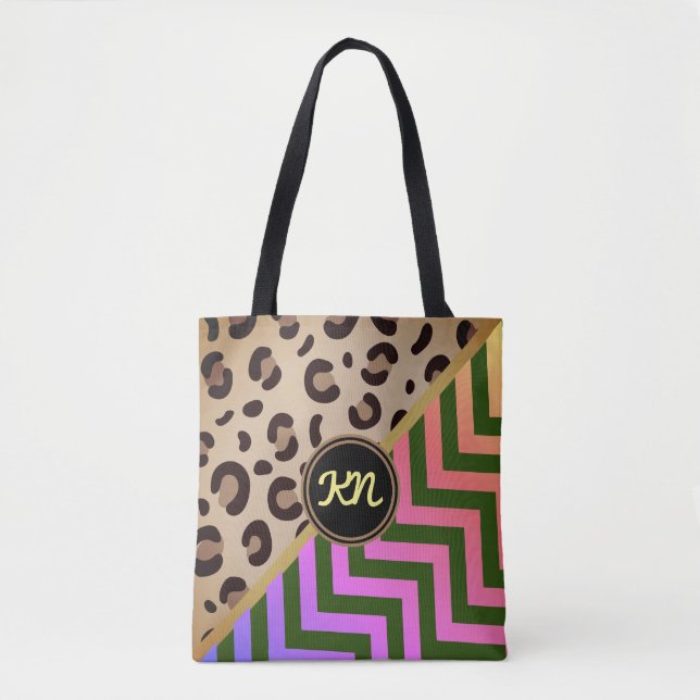 Monogramm Rainbow Leopard Print Zickzack Tasche (Vorderseite)