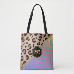 Monogramm Rainbow Leopard Print Zickzack Tasche