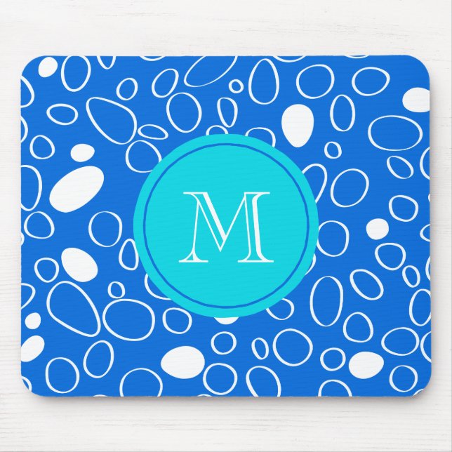 Monogramm Random Big Dots Blau-Weiß-Muster Mousepad (Vorne)