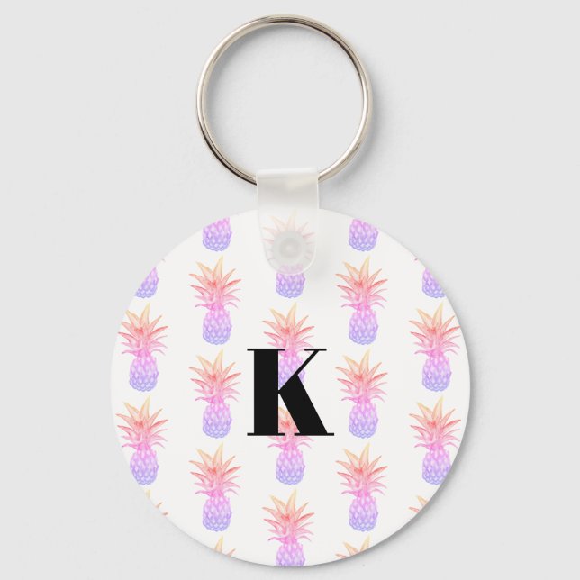 Monogramm Regenbogen Ananas tropisches Muster Schlüsselanhänger (Vorderseite)