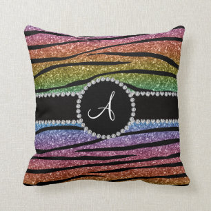 Monogramm Regenbogen-Glitzer-Zebrastreifen-Kreis Kissen