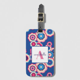 Monogramm Retro Blue Pink Blume Power Personalisie Gepäckanhänger