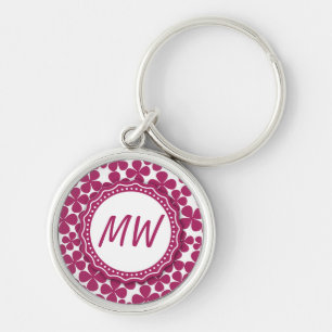 Monogramm-Retro Blumen-Muster Acai Rosa und Weiß Schlüsselanhänger
