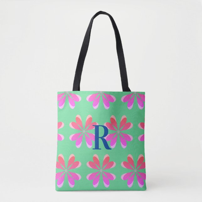 Monogramm Retro florengrün pink Tasche (Vorderseite)