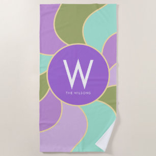Monogramm Retro Sun Waves Lila und grün Strandtuch