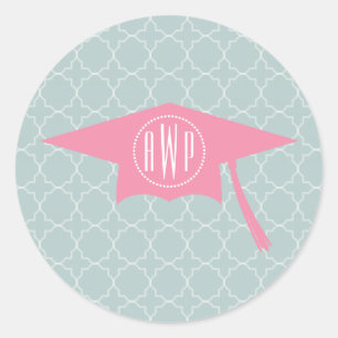 Monogramm-rosa Abschluss-Hut + Quatrefoil Runder Aufkleber
