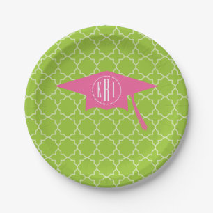 Monogramm-rosa Abschluss-Kappe + Grünes Quatrefoi Pappteller