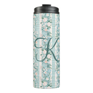 Monogramm Rosa Blau Aquarell Blumen Gingham Thermosbecher