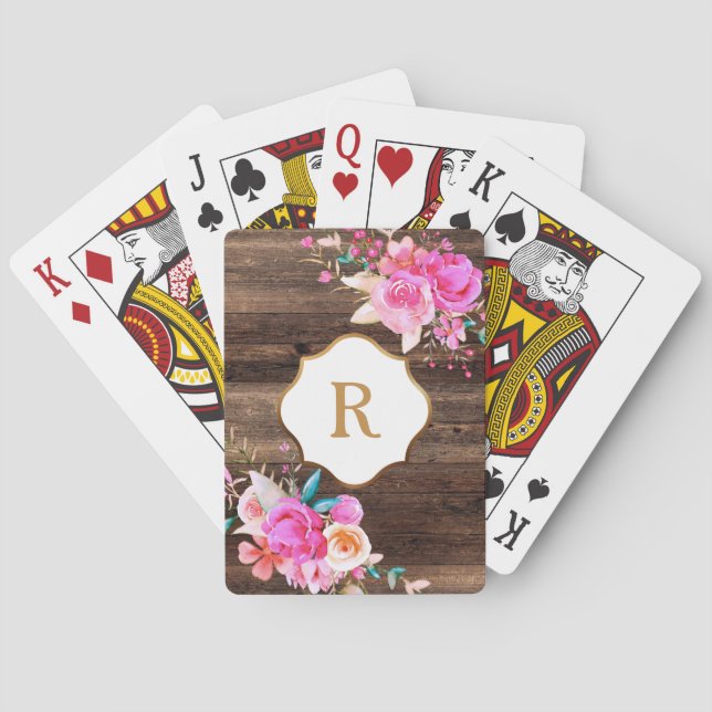 Monogramm Rosa Blume Rustikales Braunholz Spielkarten (Rückseite)