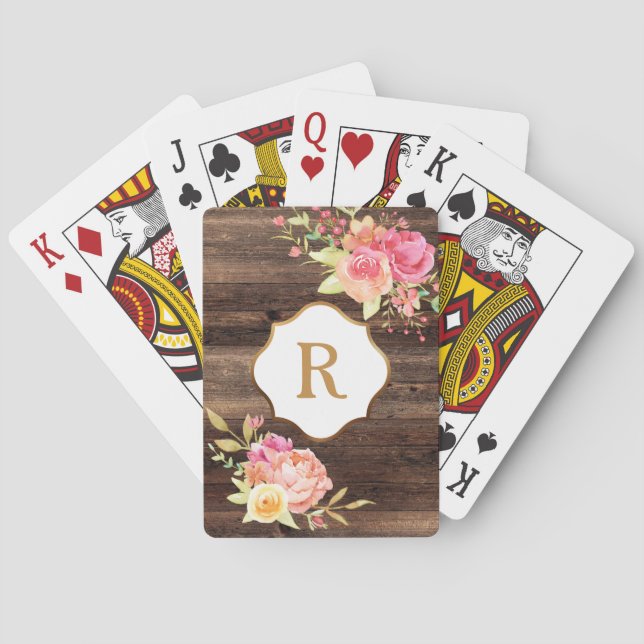 Monogramm Rosa Blume Rustikales Braunholz Spielkarten (Rückseite)