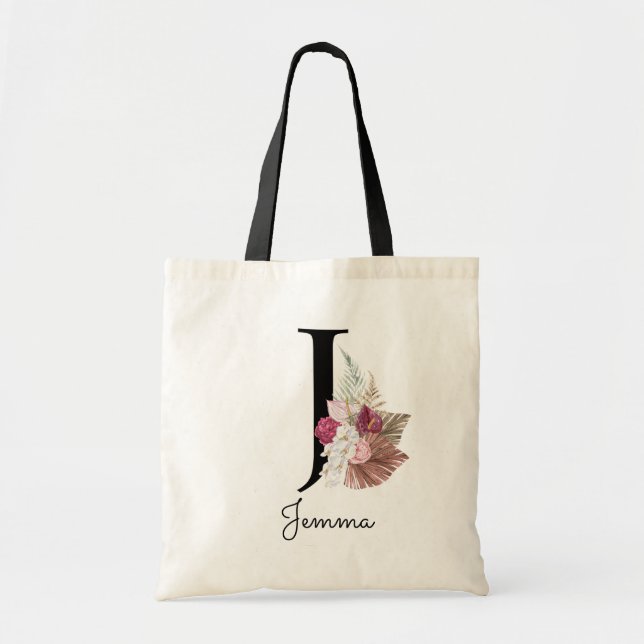 Monogramm Rosa Boho Mädchen Blumen Initial J Tragetasche (Vorne)