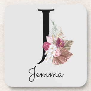 Monogramm Rosa Boho Mädchenhaft Florales Initial J Getränkeuntersetzer