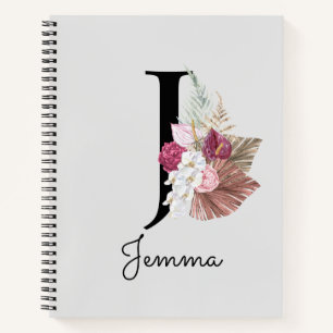 Monogramm Rosa Boho Mädchenhaft Florales Initial J Notizbuch