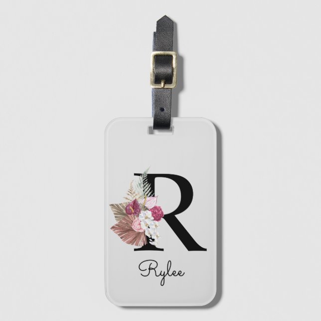 Monogramm Rosa Boho Mädchenhaft Florales Initial R Gepäckanhänger (Vorderseite Vertikal)