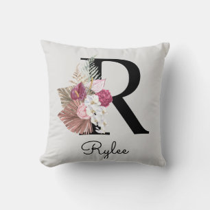 Monogramm Rosa Boho Mädchenhaft Florales Initial R Kissen