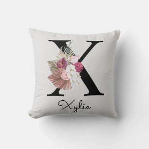 Monogramm Rosa Boho Mädchenhaft Florales Initial X Kissen