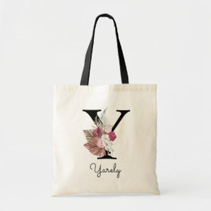 Monogramm Rosa Boho Mädchenhaft Florales Initial Y Tragetasche