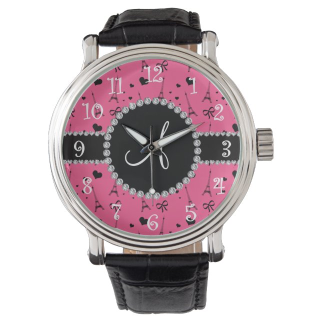 Monogramm-Rosa-Eiffelturm Armbanduhr (Vorderseite)