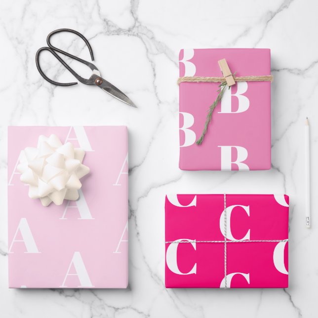 Monogramm Rosa Farbtöne benutzerdefinierte Anfangs Geschenkpapier Set (Vorderseite)