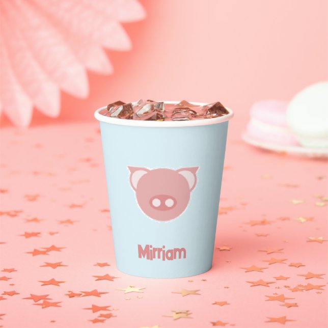 Monogramm rosa Ferkel auf blau Pappbecher (Insitu)