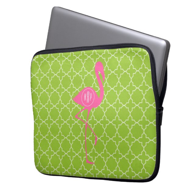 Monogramm-rosa Flamingo Limones grünes Quatrefoil Laptopschutzhülle (Vorderseite Links)
