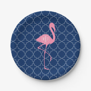 Monogramm-rosa Flamingo-Marine Quatrefoil Pappteller